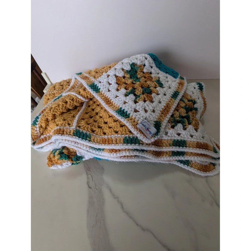 Vintage Teal & Gold Granny Square Afghan – Handmade St. Paul Sewing Guild